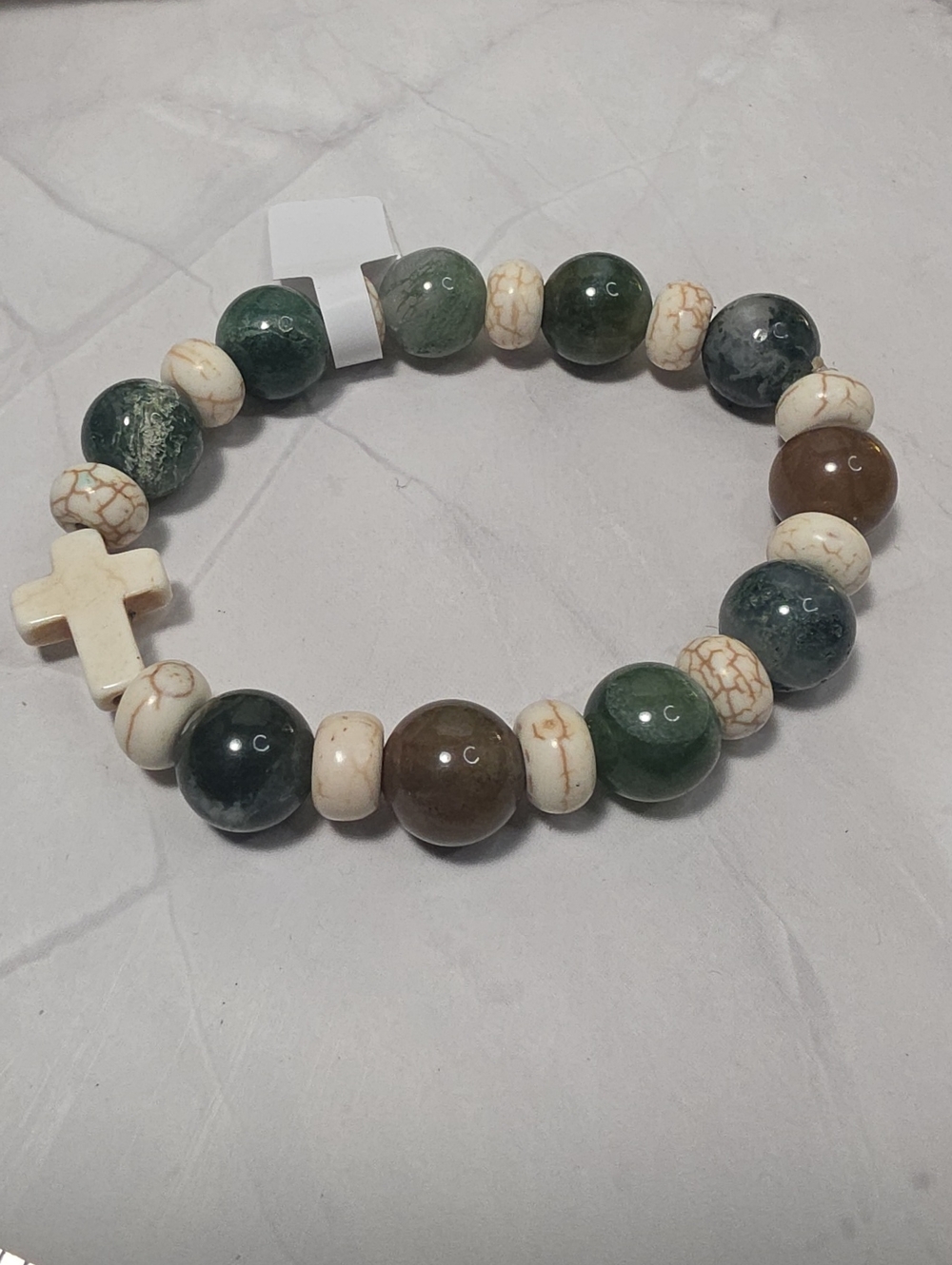 Handcrafted Green & Cream Stone Bead Bracelet with Cross Accent